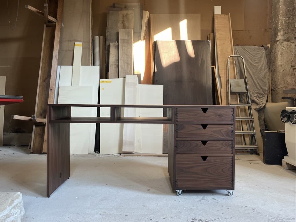 Folding Desk Premium — handmade folding standing desk in dark walnut with individual drawer layout, photographed in the Form 13 workshop in Bamberg